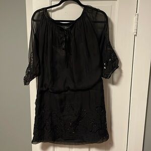 Black dress with sheer arms and overlay sheer skirt